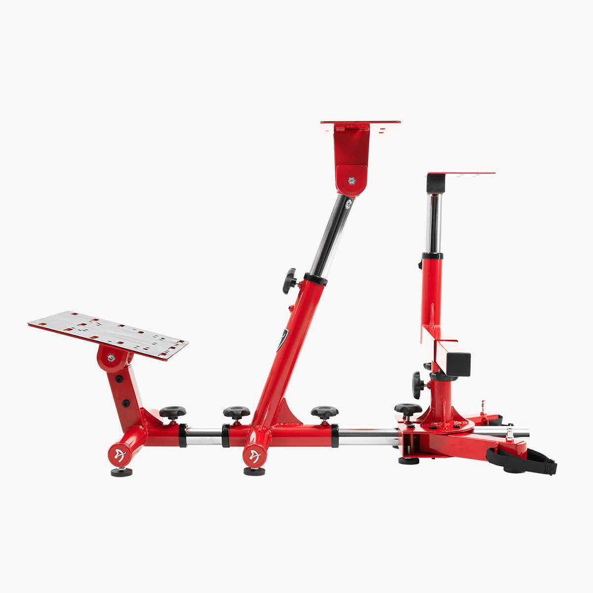 Arozzi Europe Velocità Racing Simulator Stand, red metal frame with wheel mount, on white.
