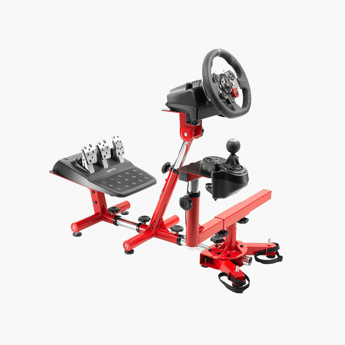 Arozzi Velocità Racing Simulator Stand with wheel, shifter & pedals on white background.