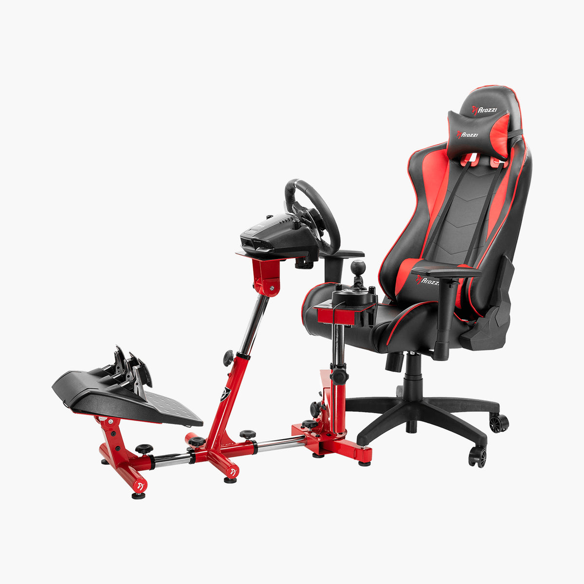 Arozzi Velocità Racing Simulator Stand in black and red with steering wheel attachment.