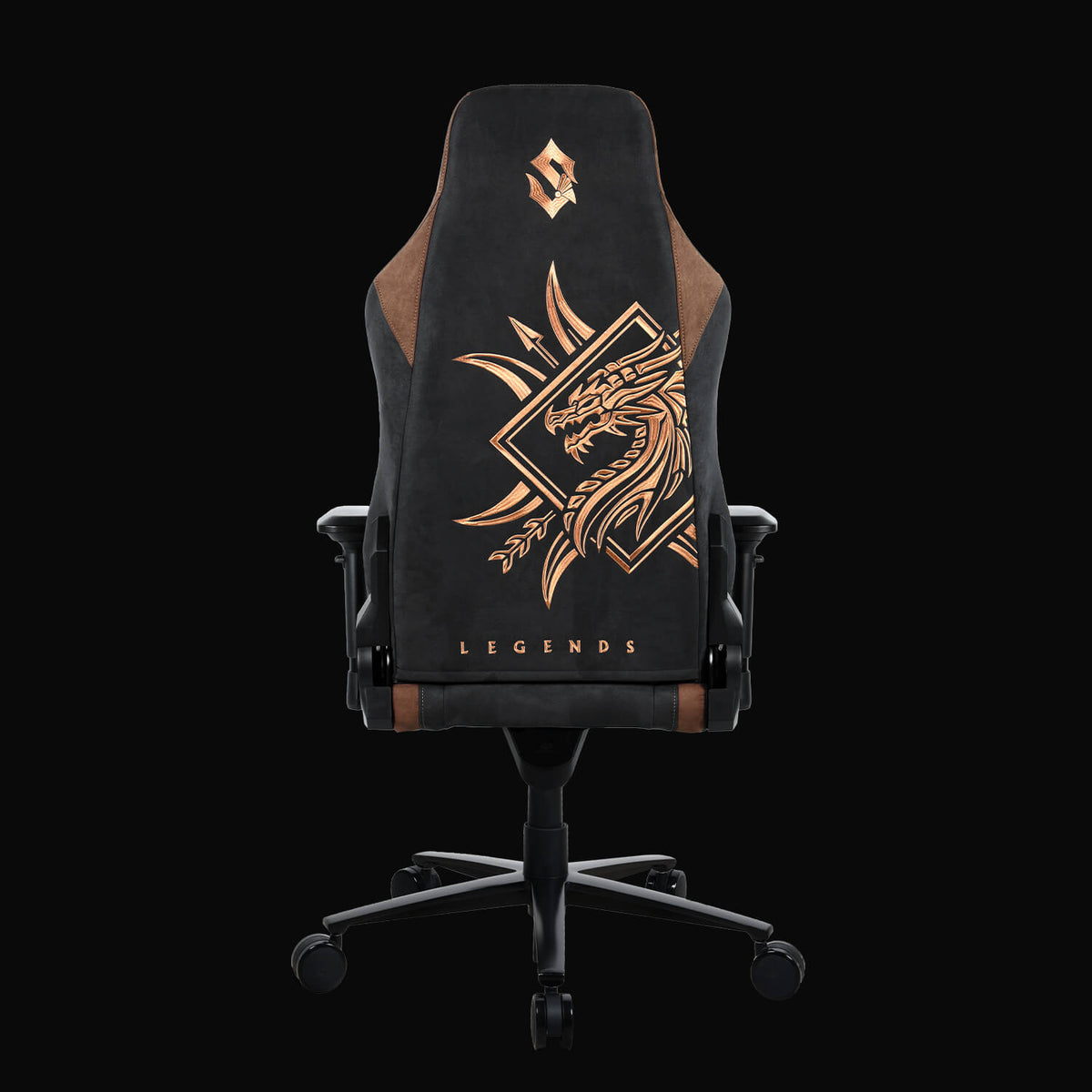 Arozzi Vernazza Supersoft Sabaton Legends Edition chair with gold dragon and “Legends” on back.
