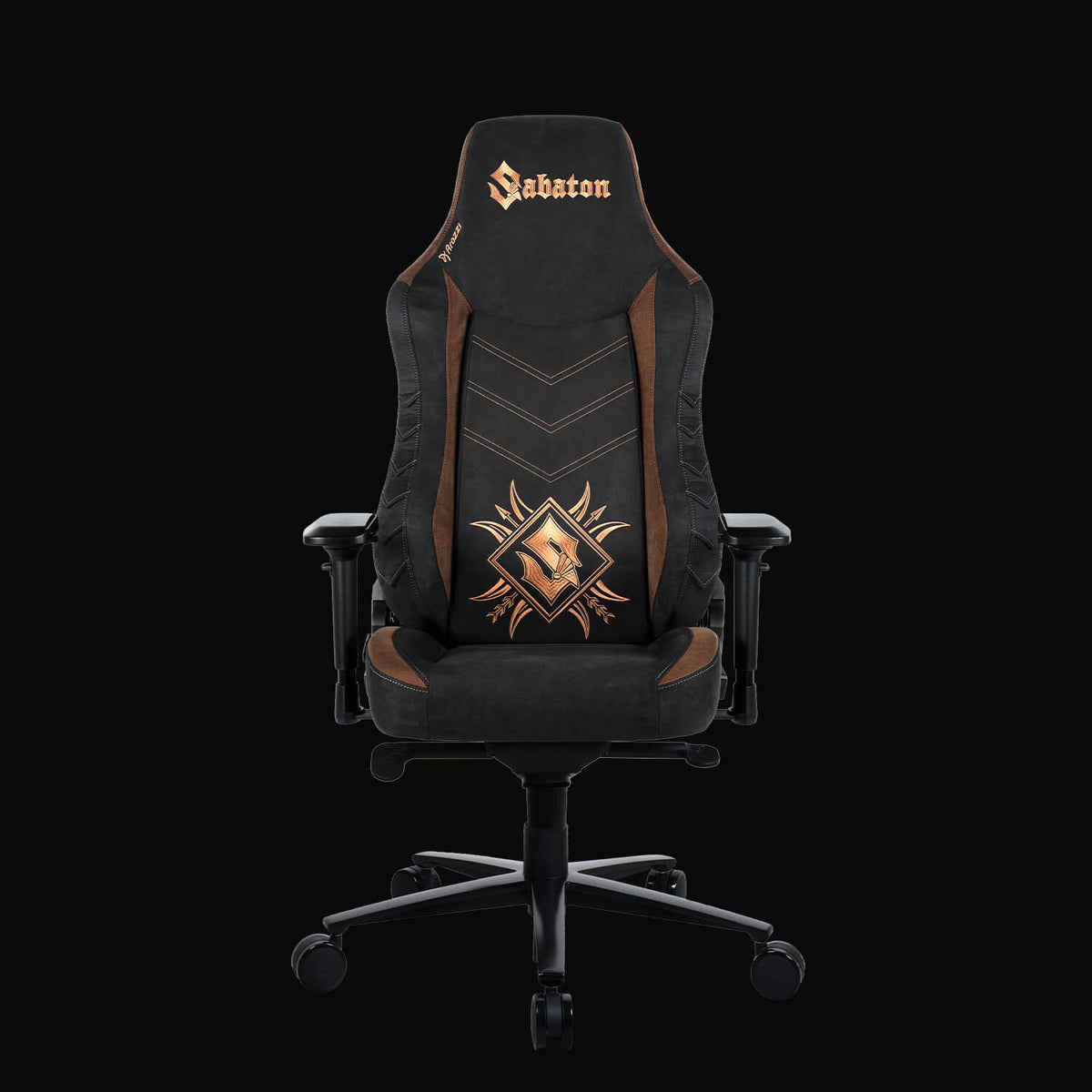 Arozzi Vernazza Supersoft Sabaton Legends chair with gold emblem and text on the backrest.