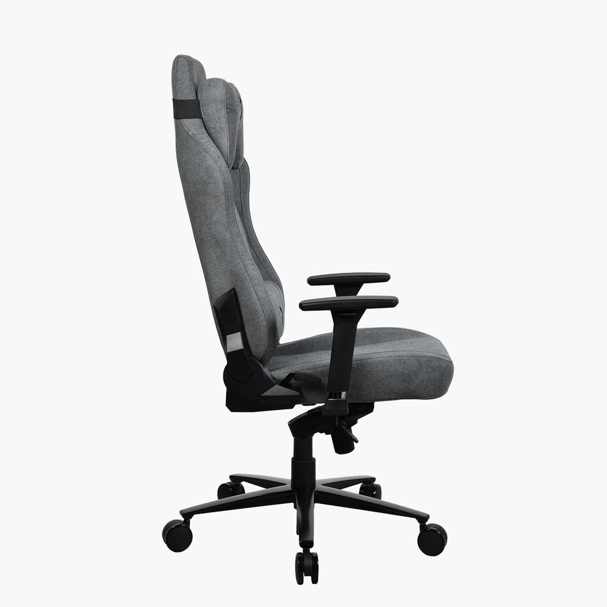 Side view of gray Arozzi Europe Vernazza Soft Fabric chair with adjustable armrests.