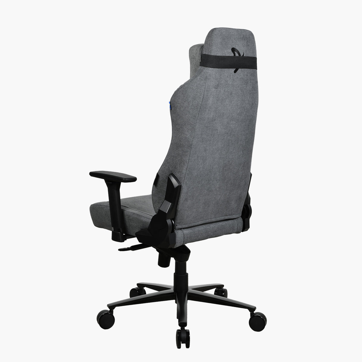 Arozzi Europe Vernazza Soft Fabric chair, gray, armrests, wheels, back view.