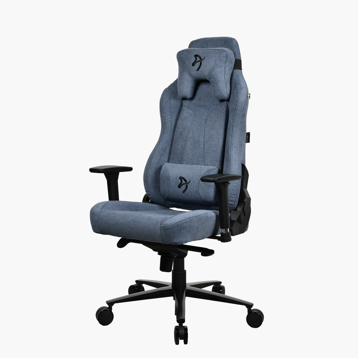 Arozzi Europe Vernazza Soft Fabric gaming chair with headrest, lumbar support, and black base.