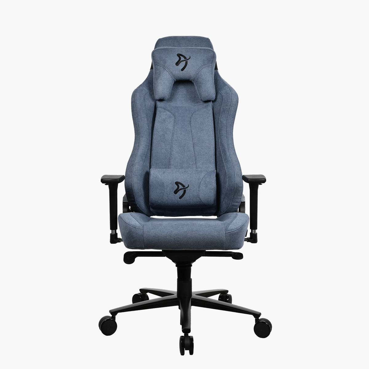 Arozzi Vernazza Soft Fabric: blue ergonomic gaming chair with headrest and lumbar support.