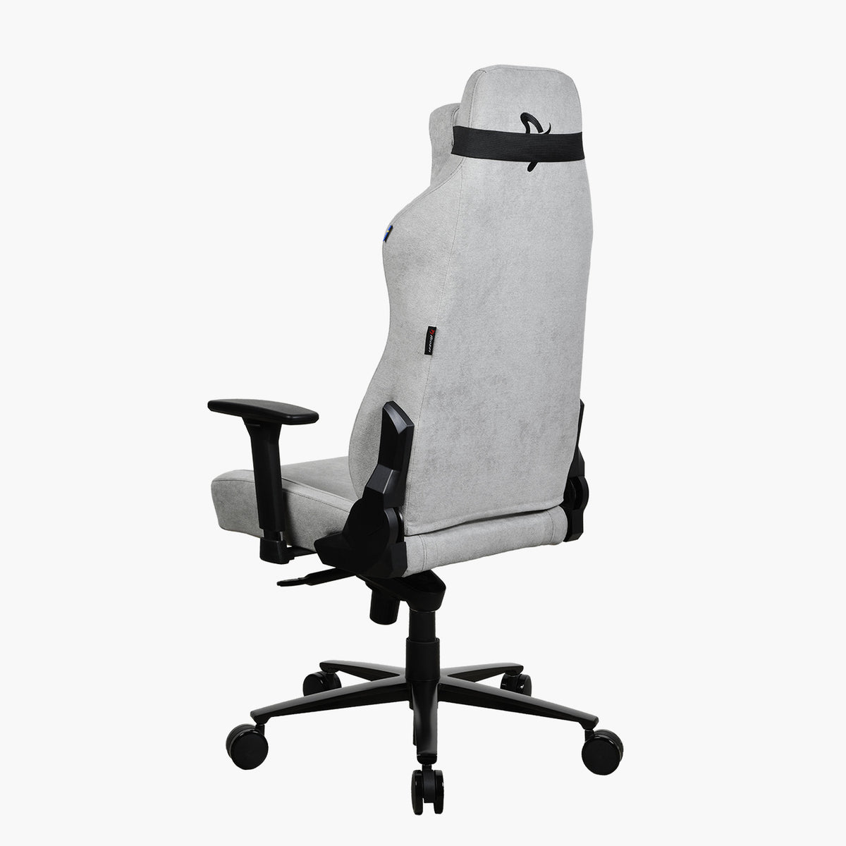 Arozzi Europe Vernazza Soft Fabric gray ergonomic chair, adjustable height, armrests, rear view.