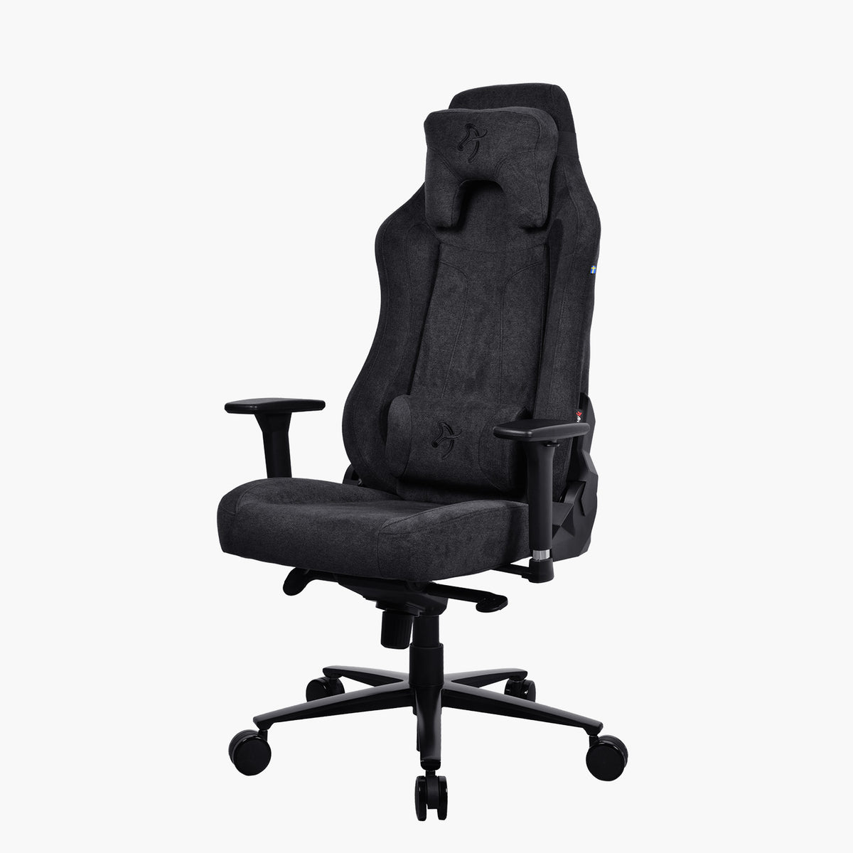 Arozzi Vernazza Soft Fabric: black ergonomic office chair with headrest, adjustable armrests.