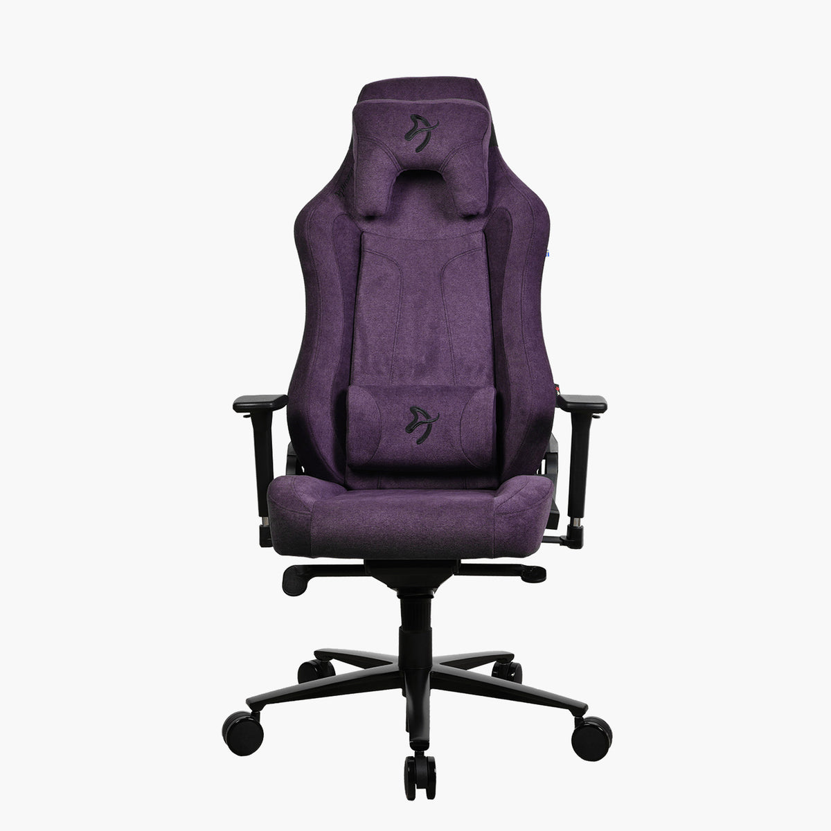 Arozzi Vernazza Soft Fabric: purple ergonomic gaming chair with headrest, lumbar, adjustable height.