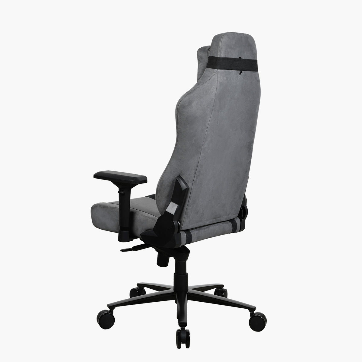 Gray ergonomic Arozzi Europe Vernazza Supersoft chair, with armrests & wheels, rear view.