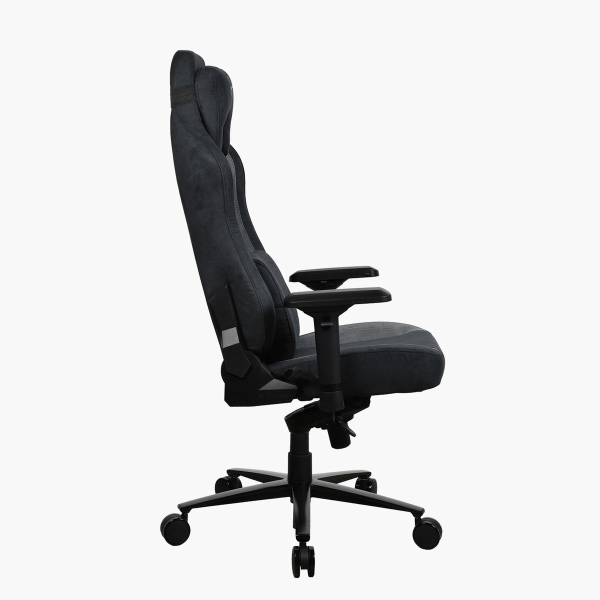 Arozzi Europe Vernazza Supersoft chair, black, with adjustable armrests, side view on white.