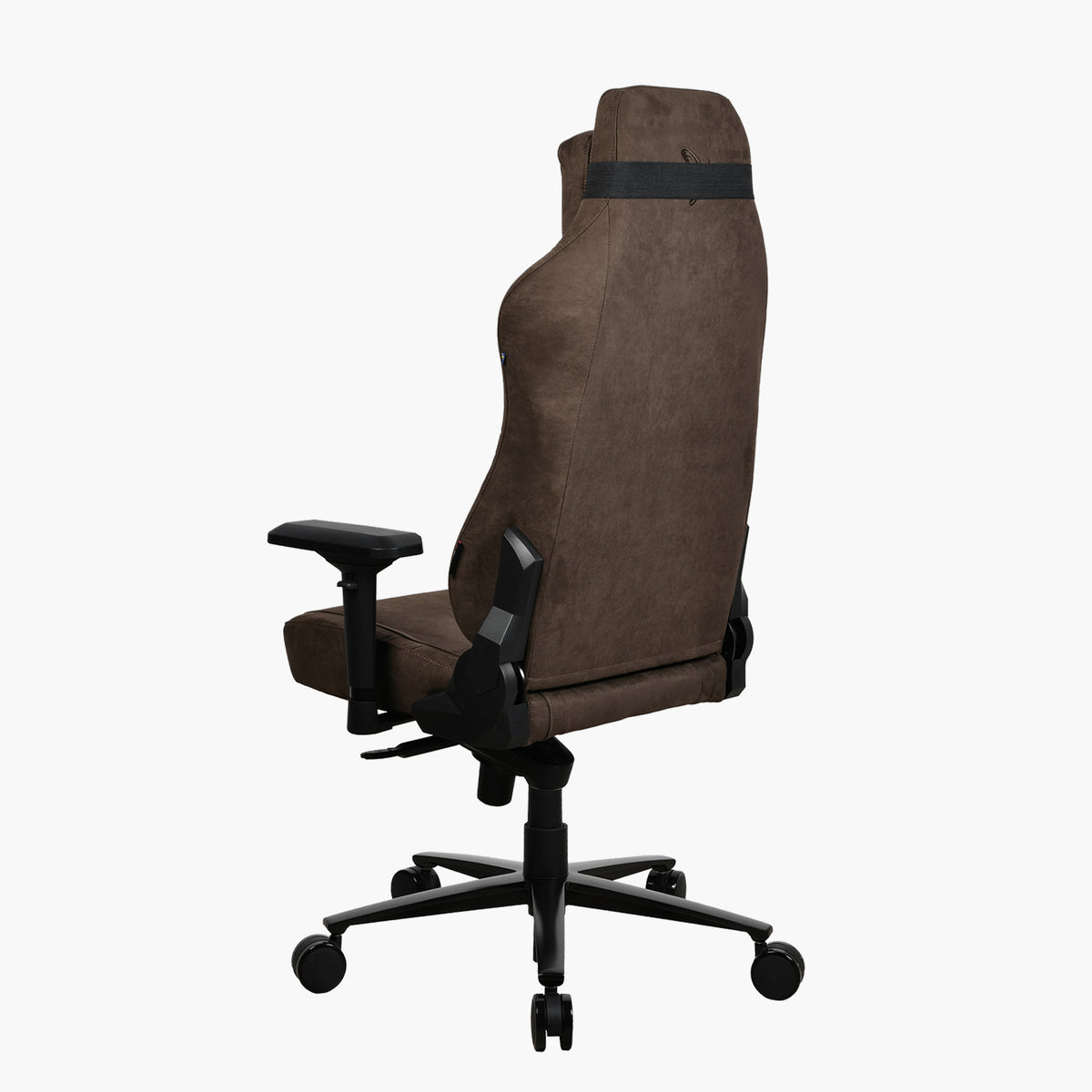 Arozzi Europe Vernazza Supersoft brown ergonomic chair, black armrests & wheels, rear view.