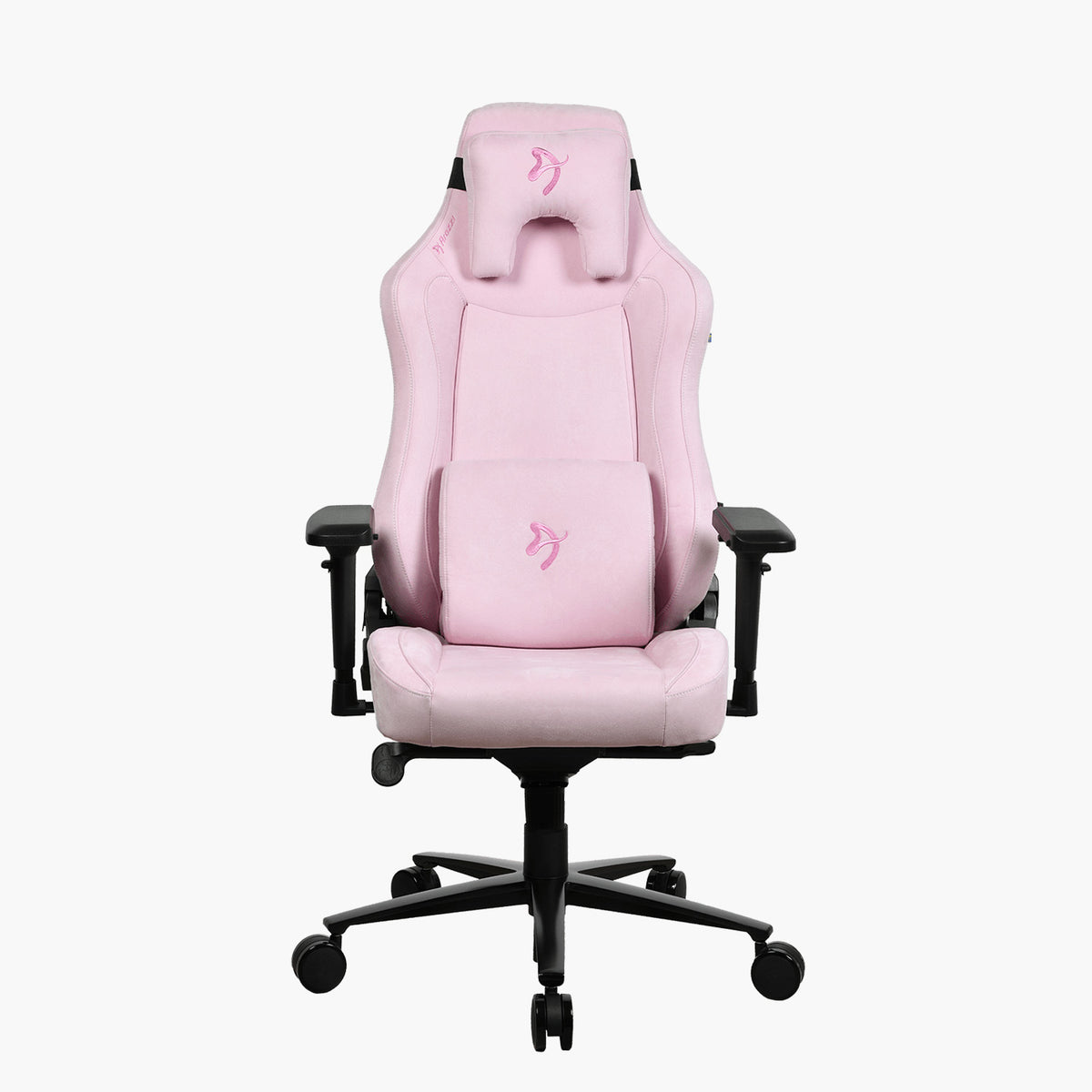 Arozzi Vernazza Supersoft pink chair: memory foam headrest/lumbar, black wheeled base.