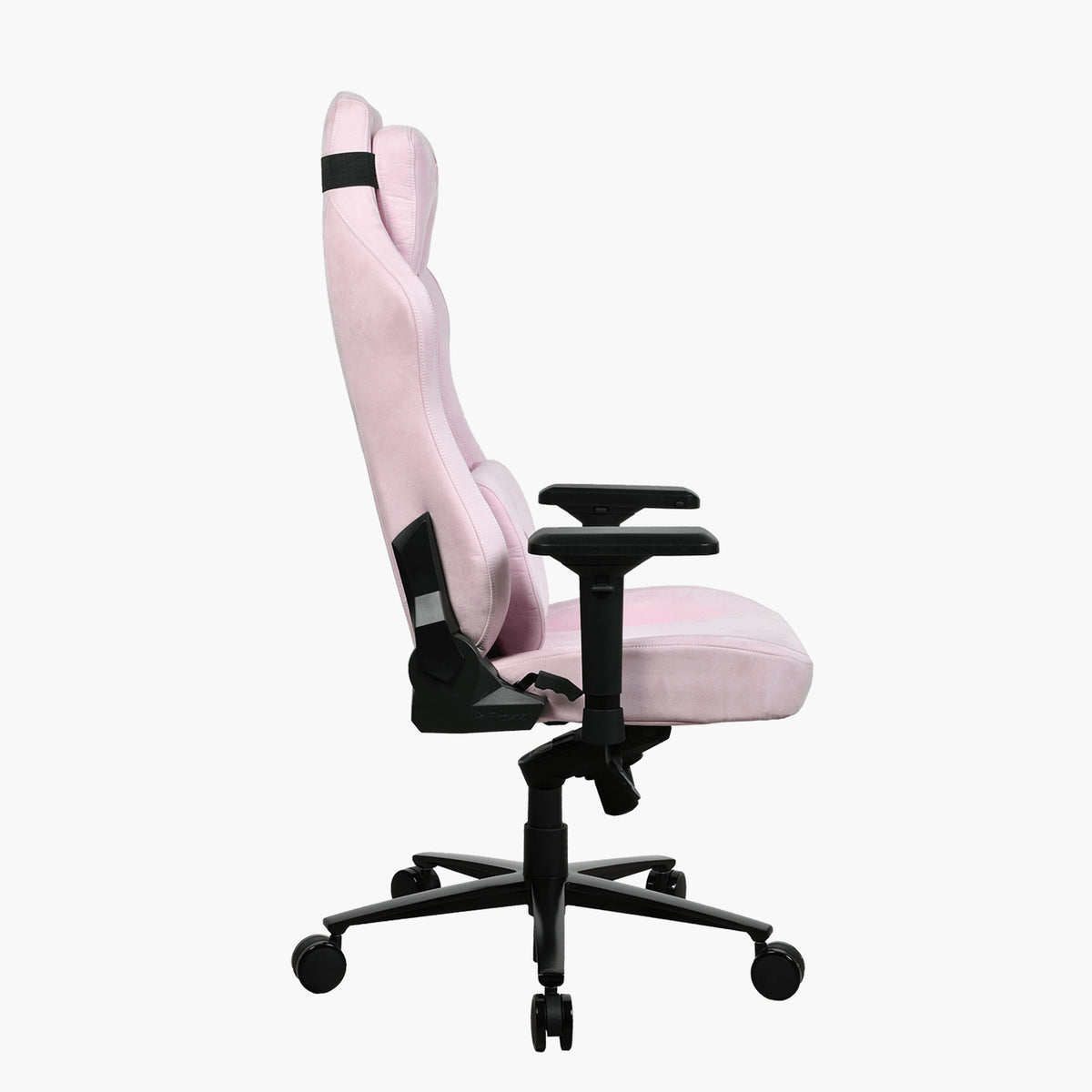 Side view of pink Vernazza Supersoft by Arozzi Europe with mesh, adjustable arms, and wheels.