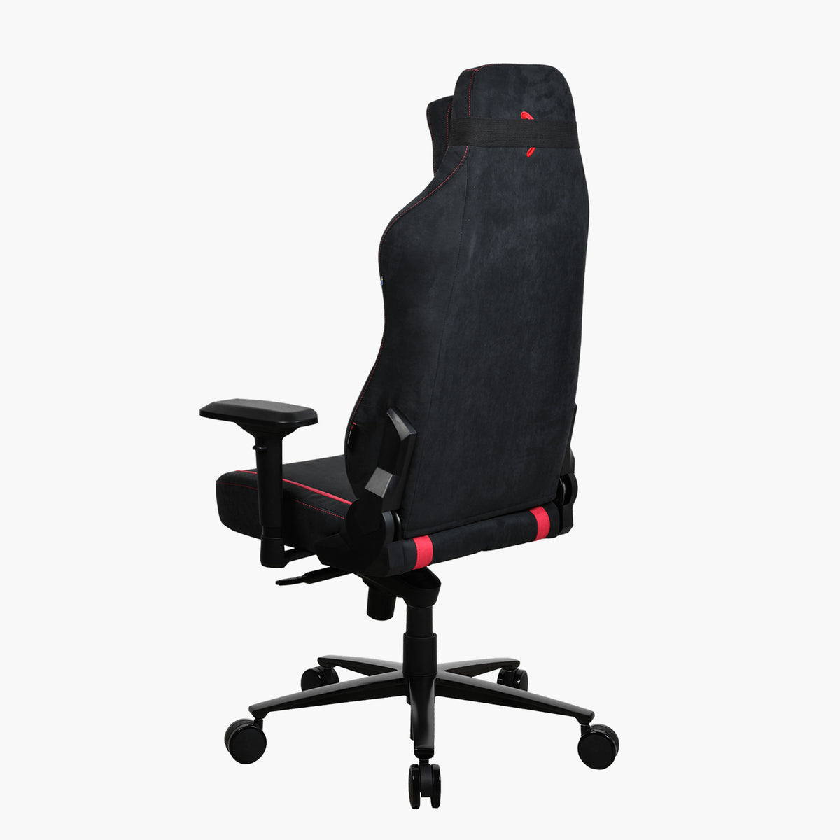 Arozzi Vernazza Supersoft chair, black/red, breathable fabric, adjustable arms, rear view.