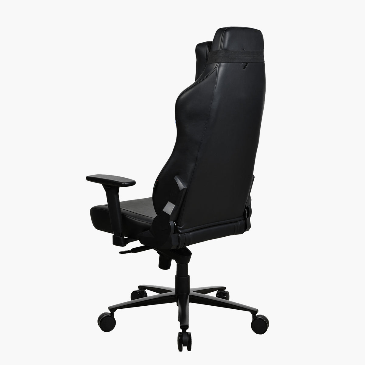 Arozzi Europe Vernazza SoftPU black ergonomic chair, adjustable armrests, rear view on white.