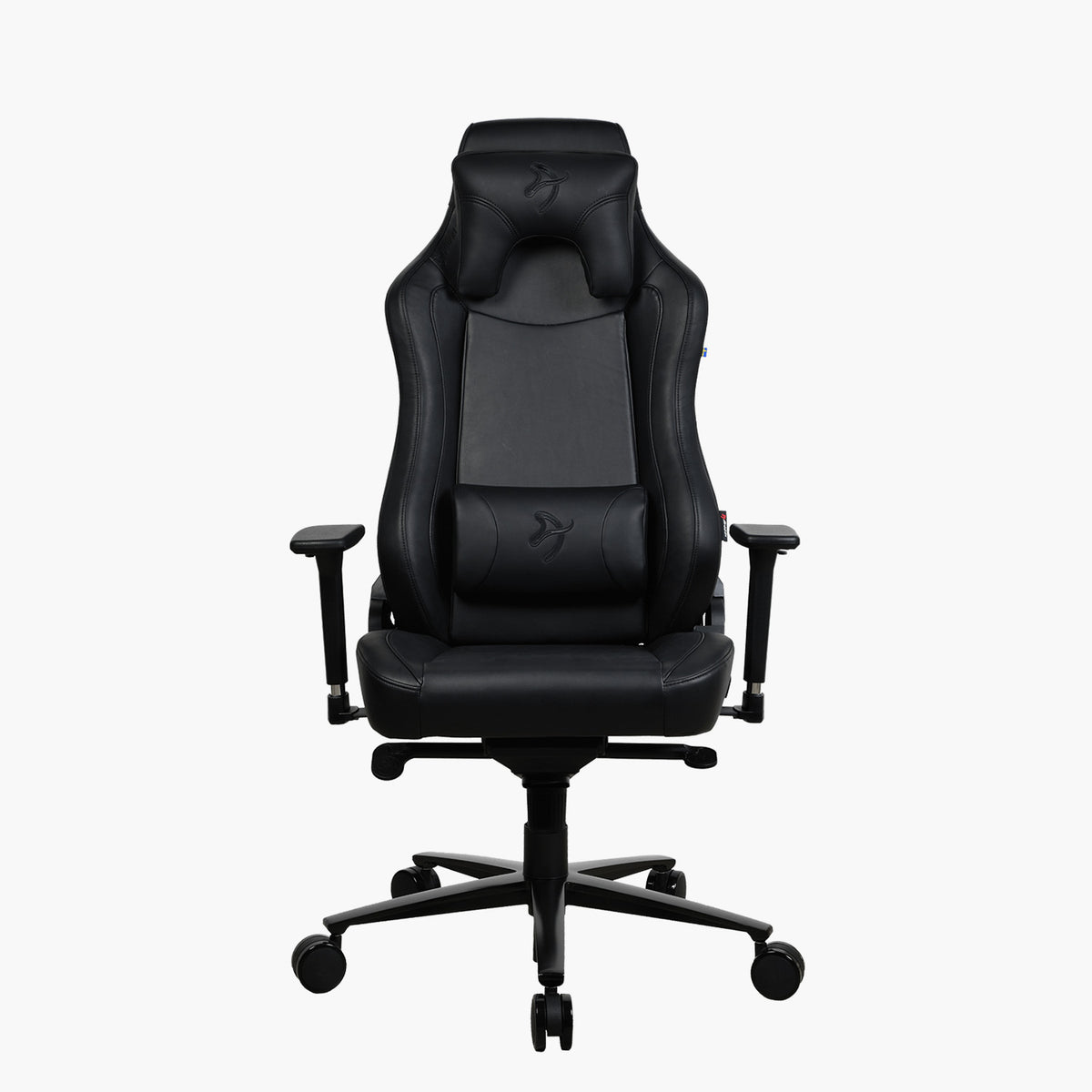 Arozzi Europe Vernazza SoftPU black gaming chair with soft PU armrests and headrest, white bg.