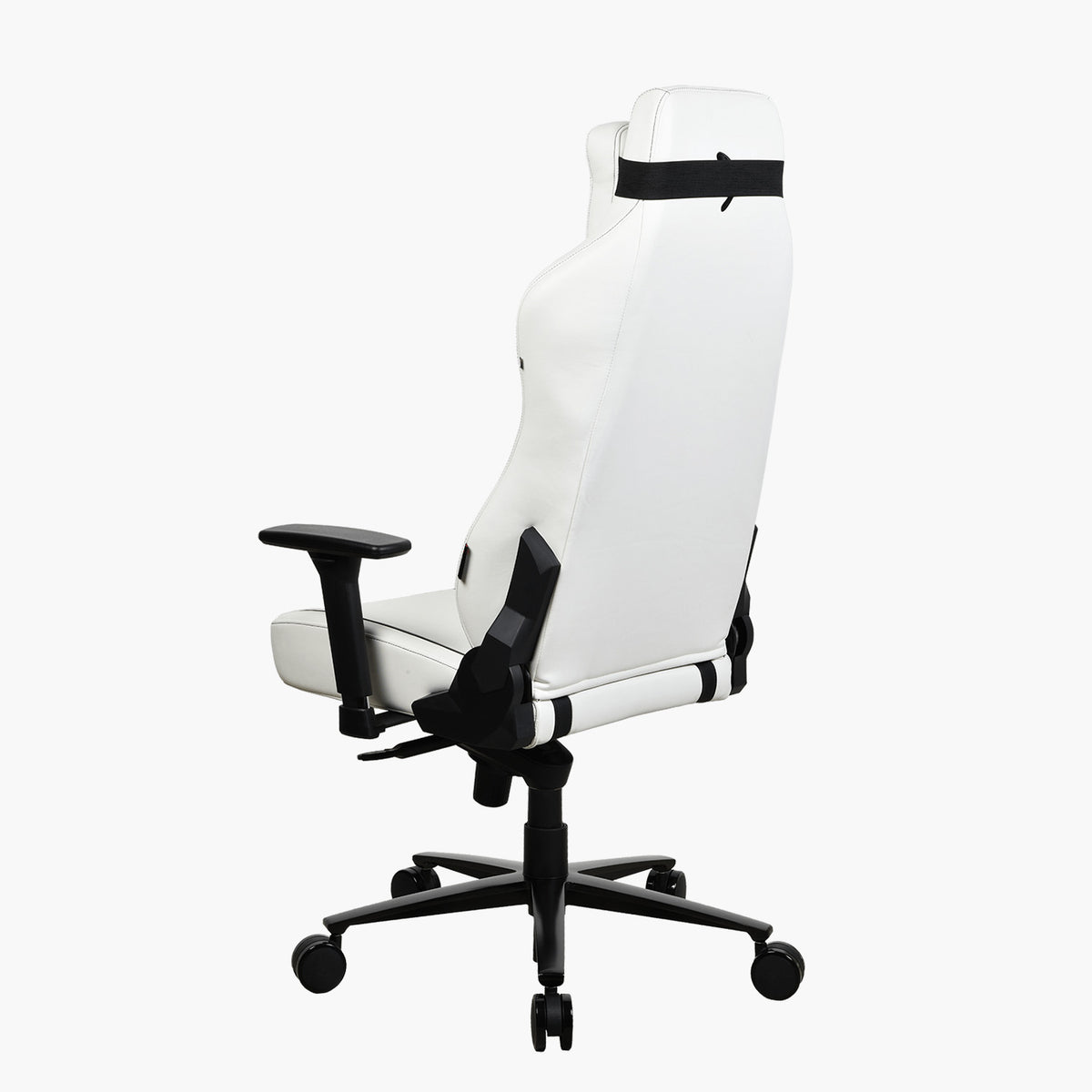 Arozzi Europe Vernazza SoftPU ergonomic white chair, black armrests, seen from behind on white.