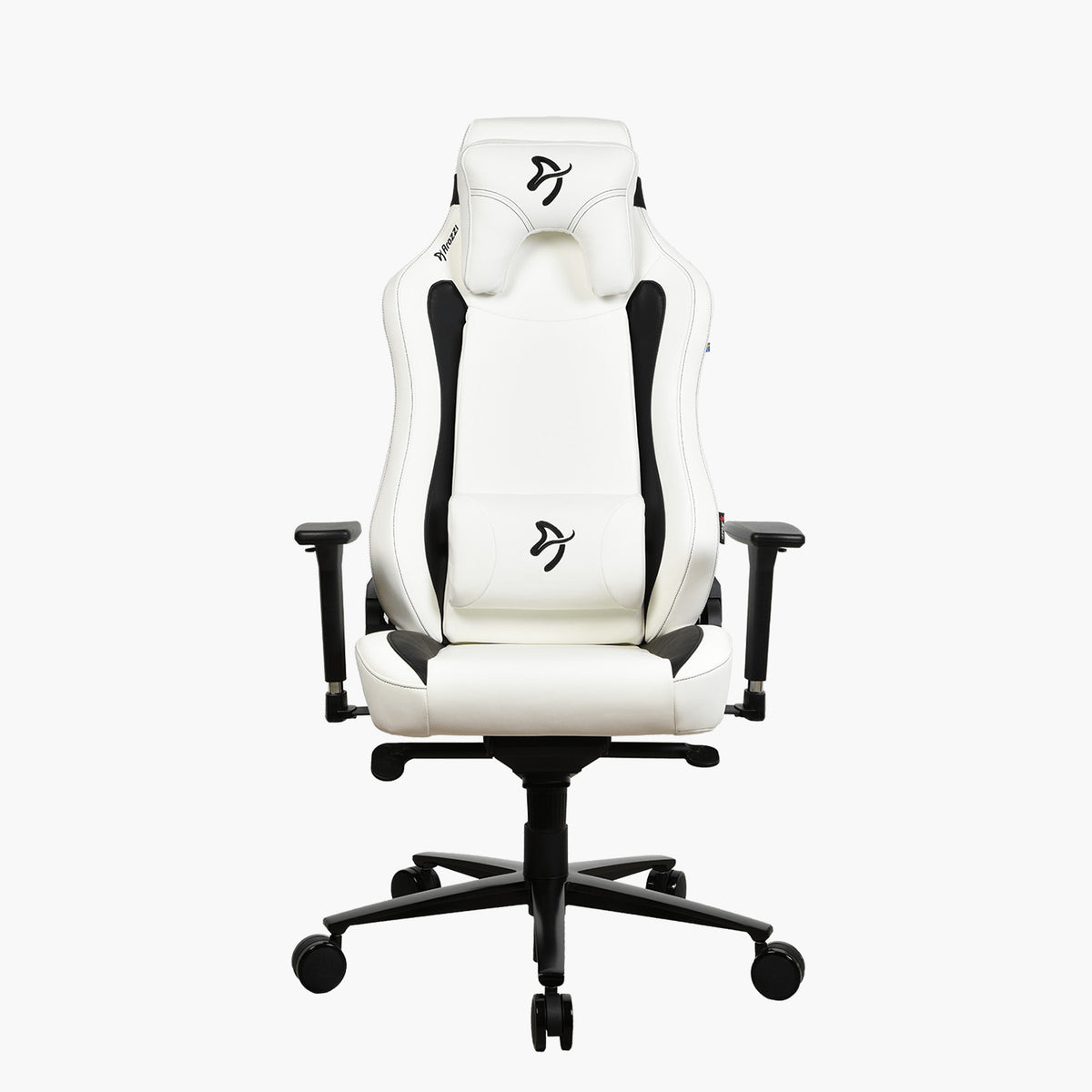 Arozzi Europe Vernazza SoftPU chair, white/black, headrest, wheels, ergonomic front view.