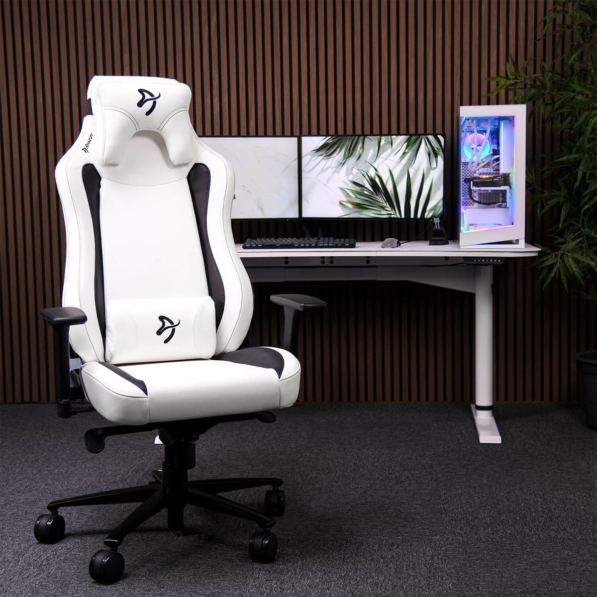Arozzi Europe Vernazza SoftPU white ergonomic chair at modern desk with monitors and PC.