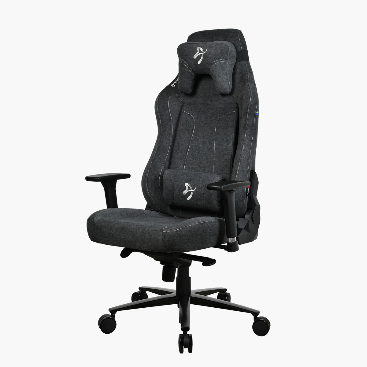 Arozzi Europe Vernazza XL Soft Fabric gaming chair with headrest, lumbar, and smooth wheels.