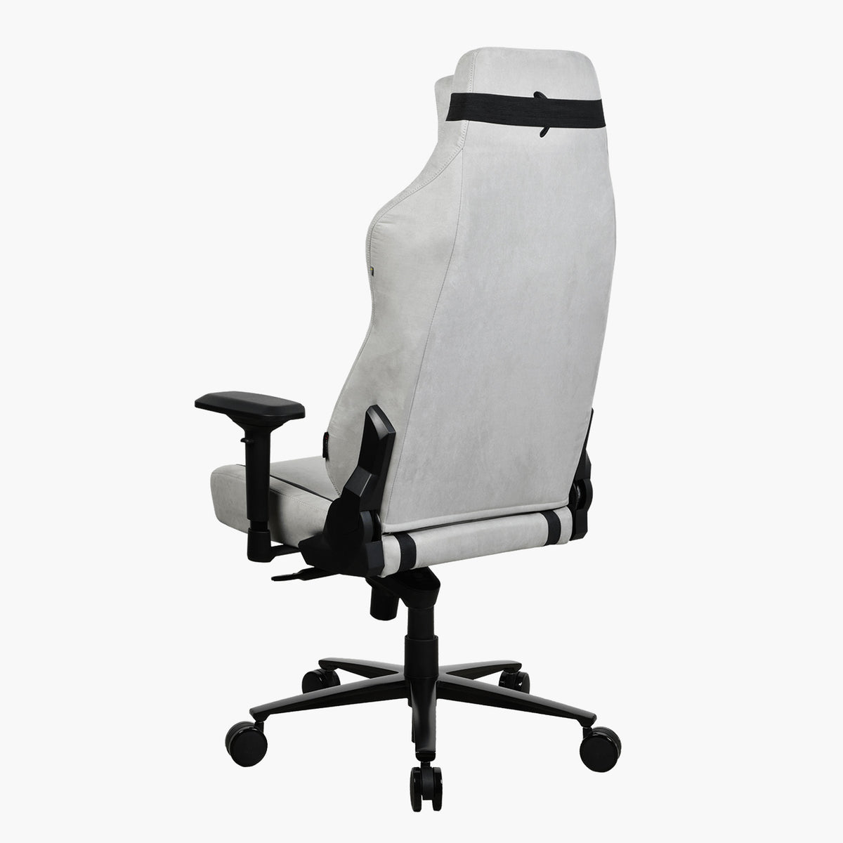 Arozzi Europe Vernazza XL Supersoft office chair in light gray, black arms/wheels, rear view.