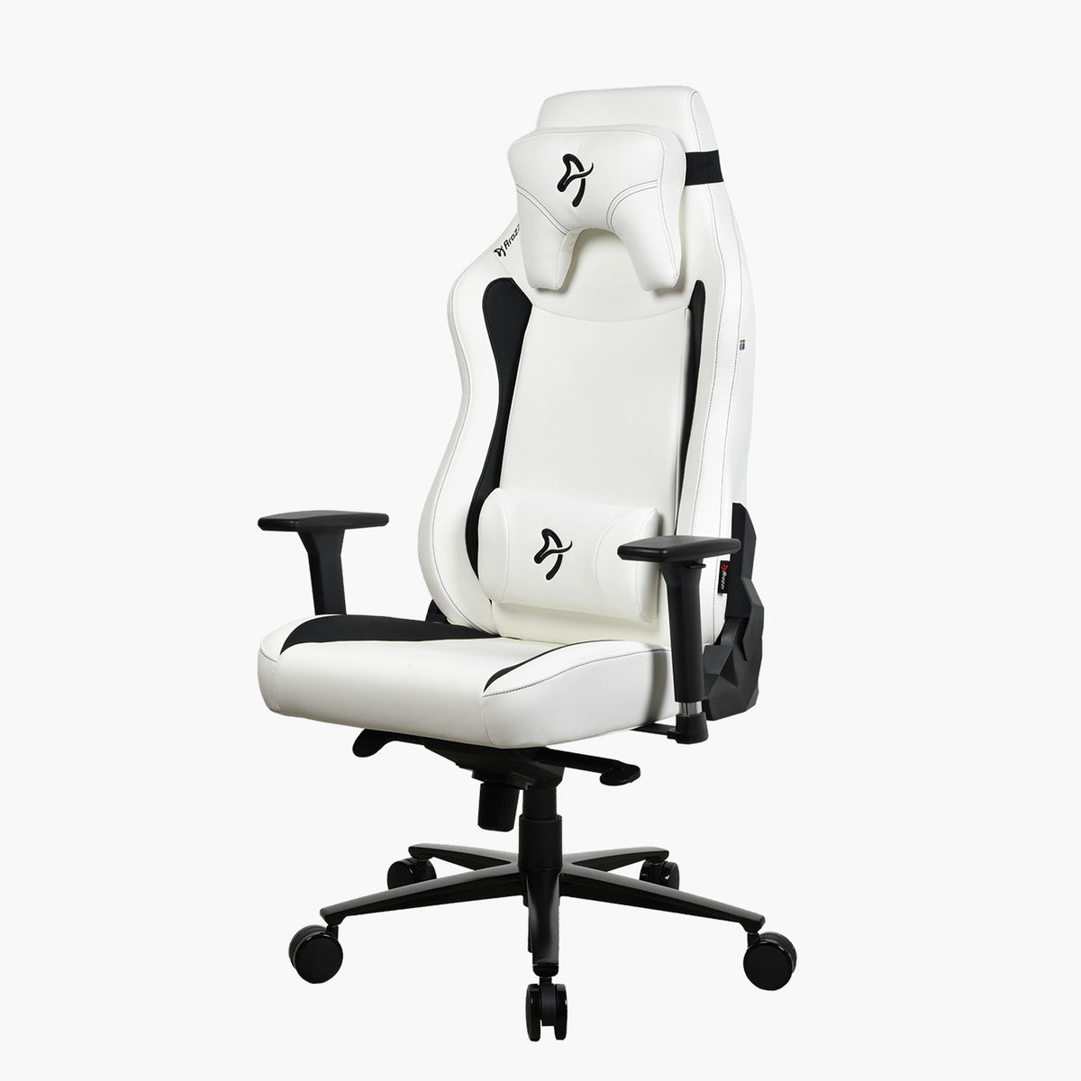 Arozzi Vernazza XL SoftPU gaming chair in white/black with adjustable armrests and headrest.