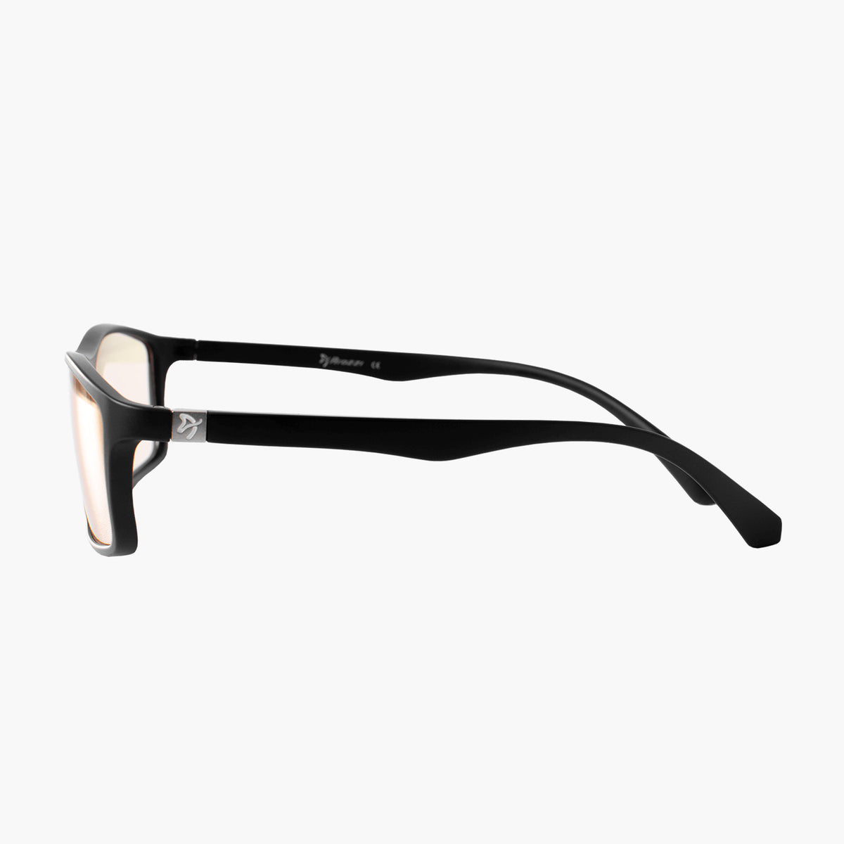 Arozzi Europe Visione VX-200 black rectangle blue light glasses, profile view on white.