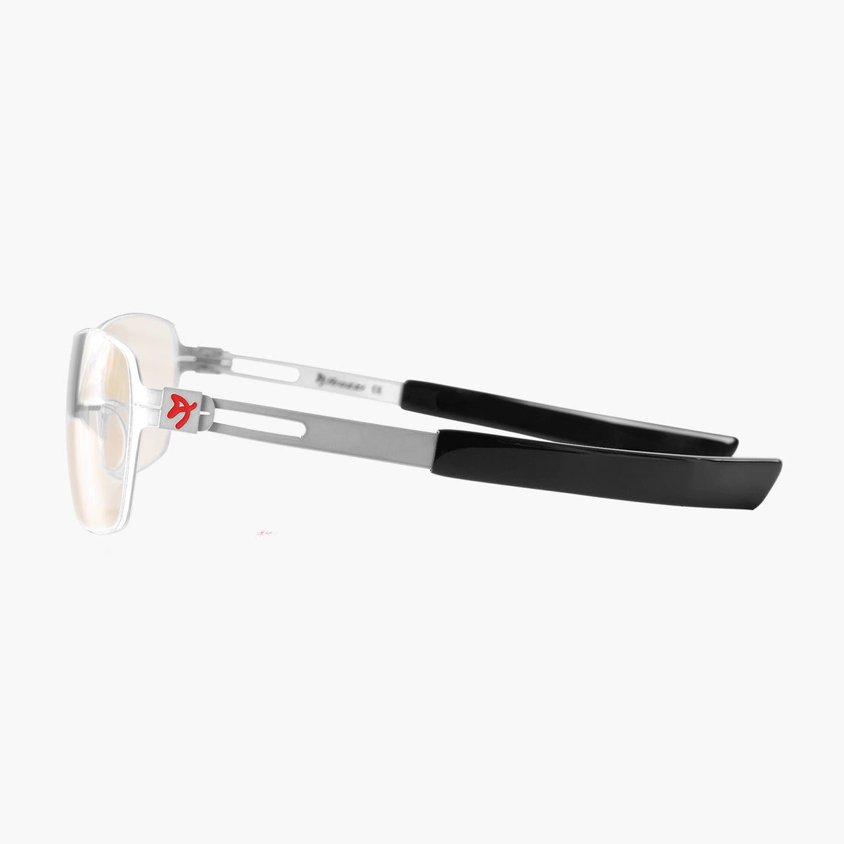 Side view of Visione VX-500 by Arozzi Europe, black arms, red R detail—great for computer use.