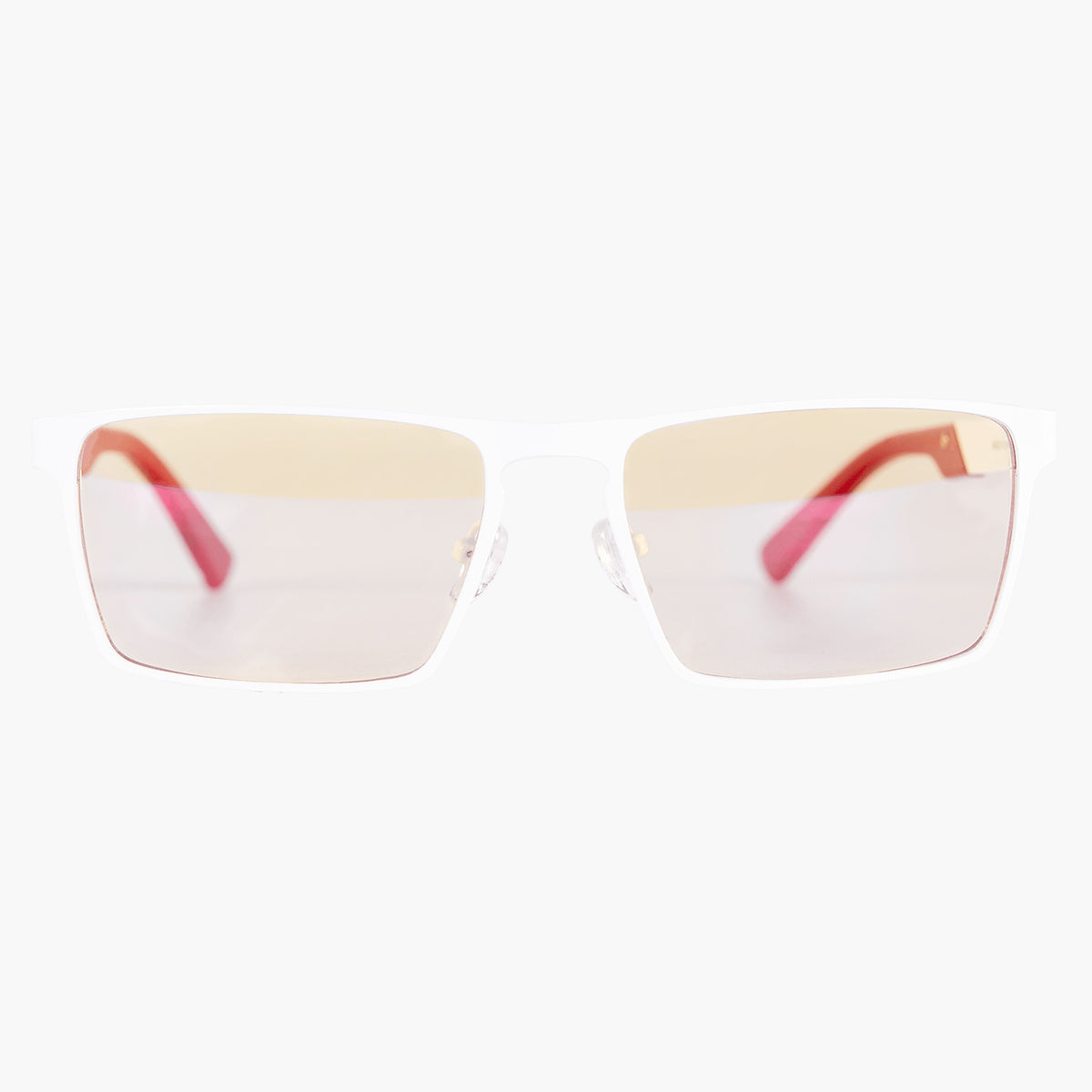 Arozzi Visione VX-800: White-rimmed blue light glasses, red arms, and light lenses.