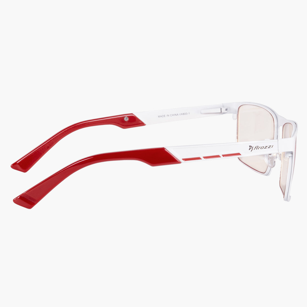 Arozzi Europe Visione VX-800 red/white computer glasses, clear lenses, side view on white.