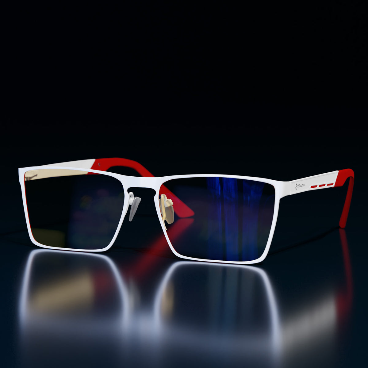 Arozzi Europe Visione VX-800 white/red blue light glasses on a reflective surface.