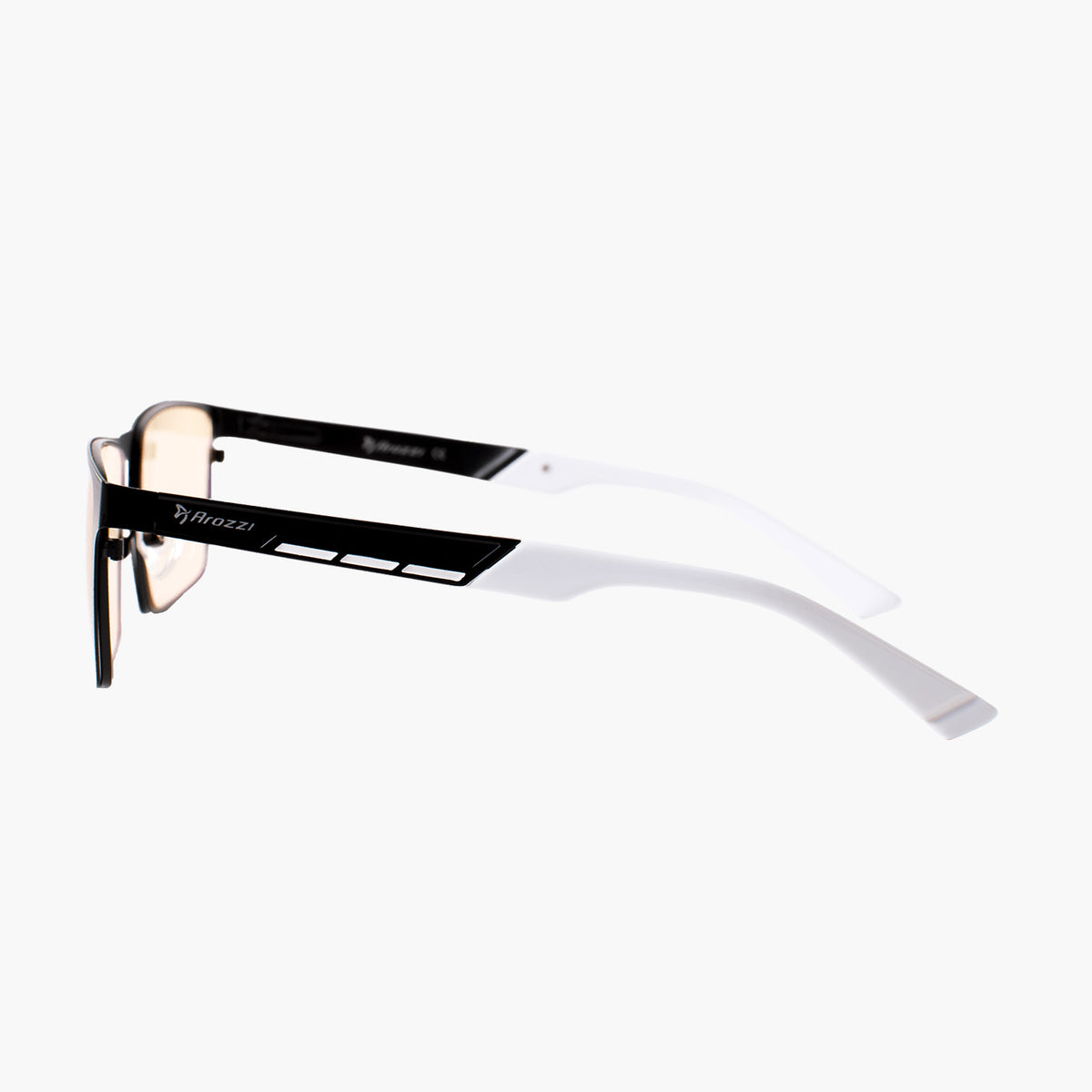Side view of Arozzi Europe Visione VX-800, black/white rectangular blue light computer glasses.