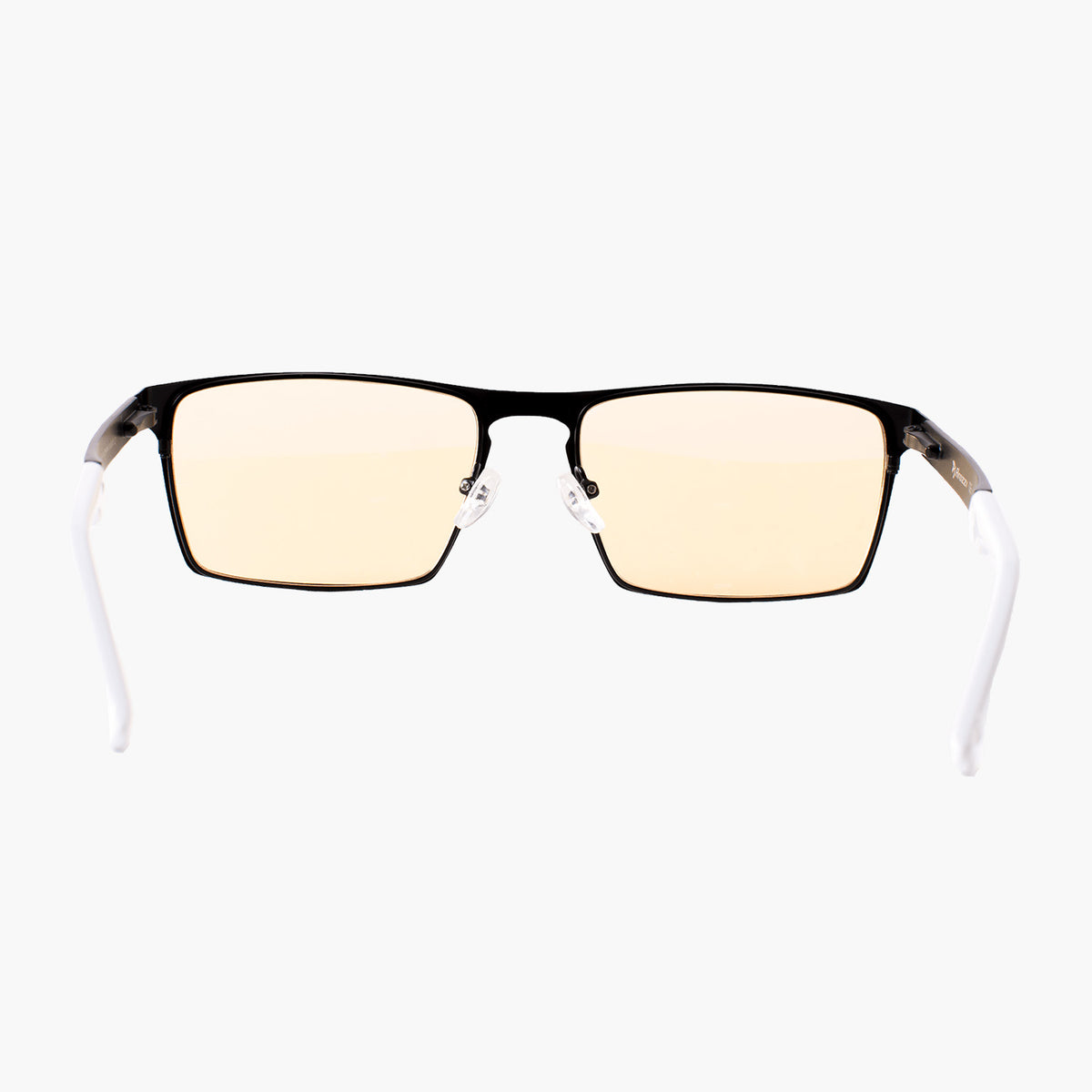 Arozzi Europe Visione VX-800: Black rectangle frames, white arms, yellow lenses, blue light filter.
