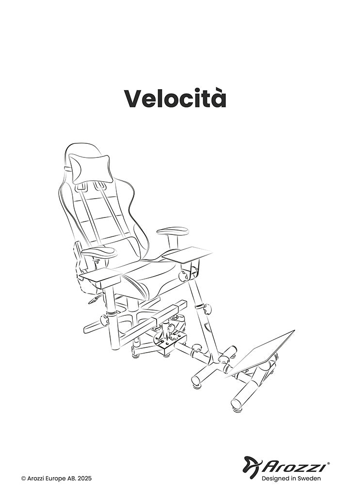 Line drawing of a gaming chair with attached pedals and steering wheel, labeled Velocità.