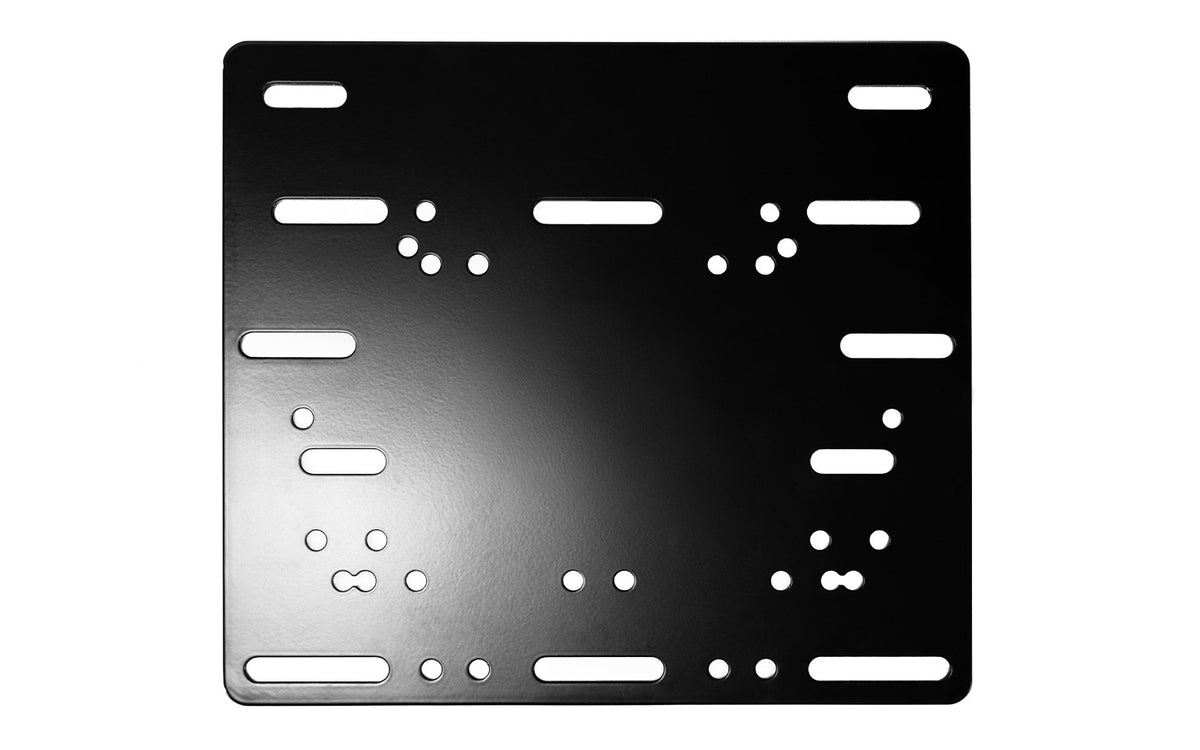 Black metal mounting plate with various holes and slots for attachment.