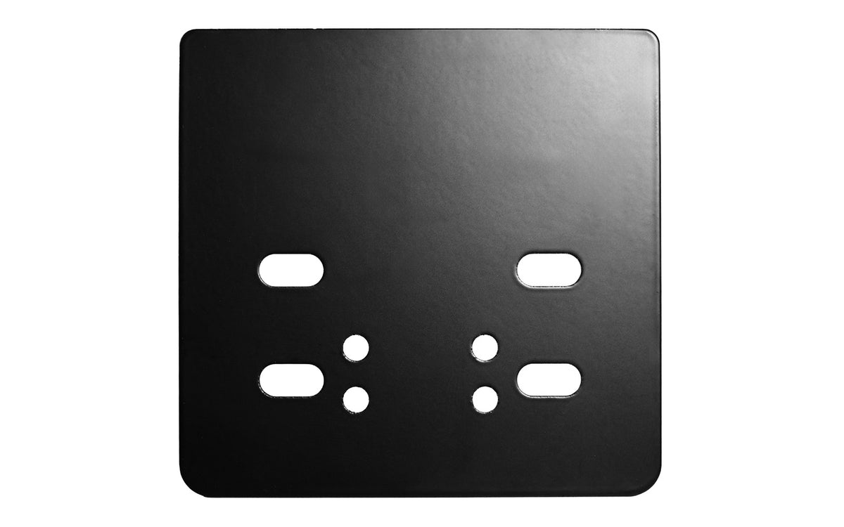 Black metal mounting plate with six holes arranged symmetrically.