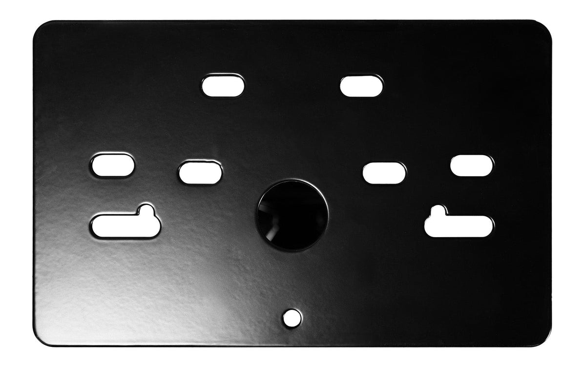 Black metal mounting plate with multiple slots and a central circular hole.