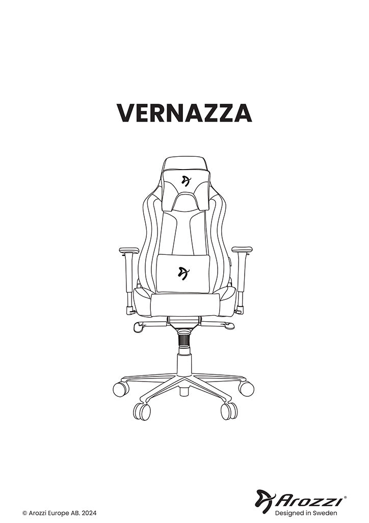 Line drawing of an Arozzi Vernazza gaming chair with armrests and wheels.