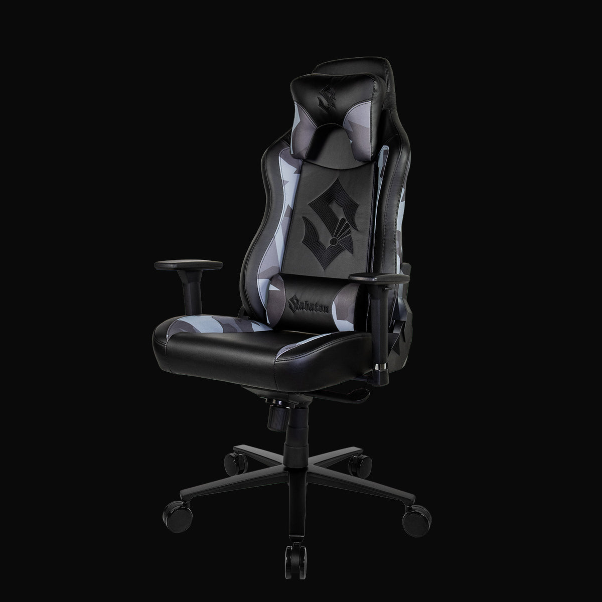 Arozzi Vernazza Sabaton Edition gaming chair, black/gray, with headrest and armrests.
