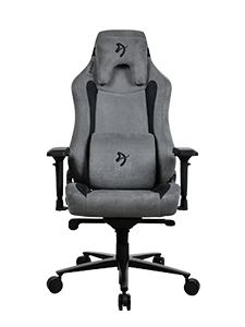 Gray ergonomic gaming chair with headrest and lumbar support, viewed from the front.