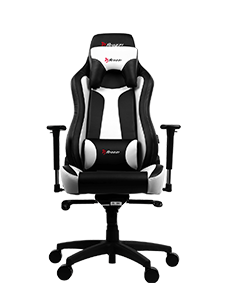 Black and white ergonomic gaming chair with adjustable armrests and headrest on wheels.