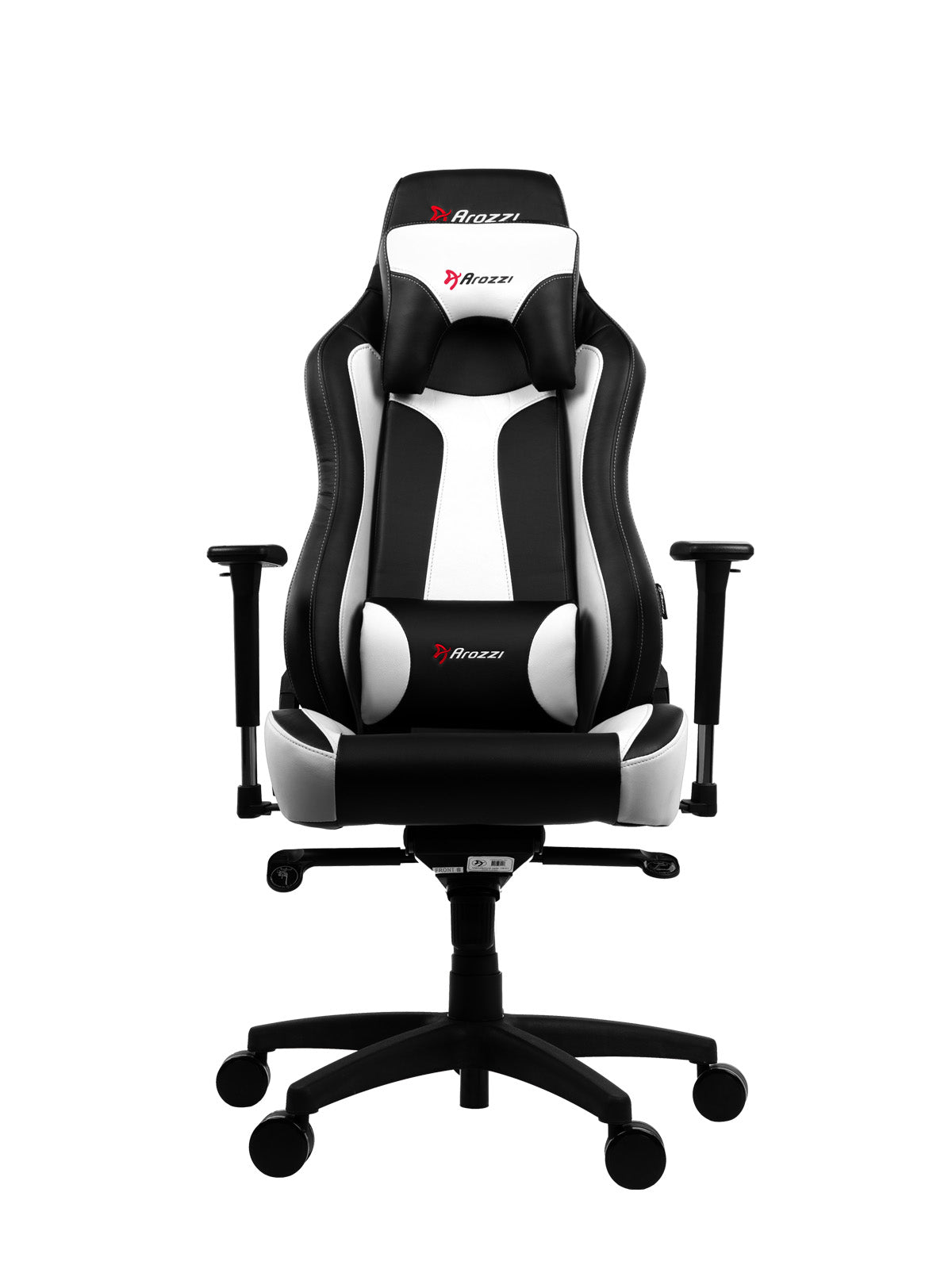 Black and white gaming chair with armrests and headrest, viewed from the front.