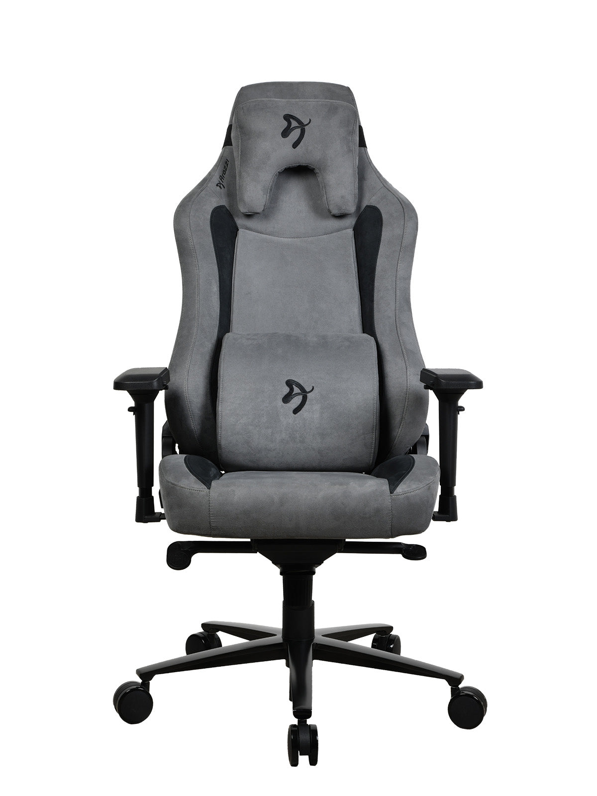 Gray ergonomic gaming chair with black accents, adjustable armrests, and headrest, front view.