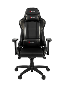 Black ergonomic gaming chair with adjustable armrests and wheels on a white background.