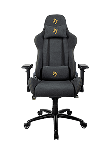 Black ergonomic gaming chair with gold logo, adjustable armrests, and lumbar support.