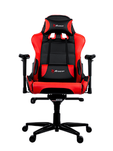 Red and black gaming chair with adjustable armrests on a black wheeled base.