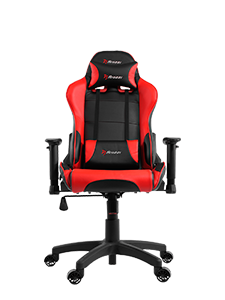 Red and black gaming chair with adjustable armrests and headrest on a wheeled base.