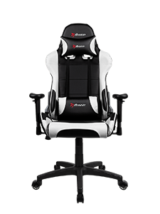 Black and white gaming chair with armrests and a five-wheel base on a white background.