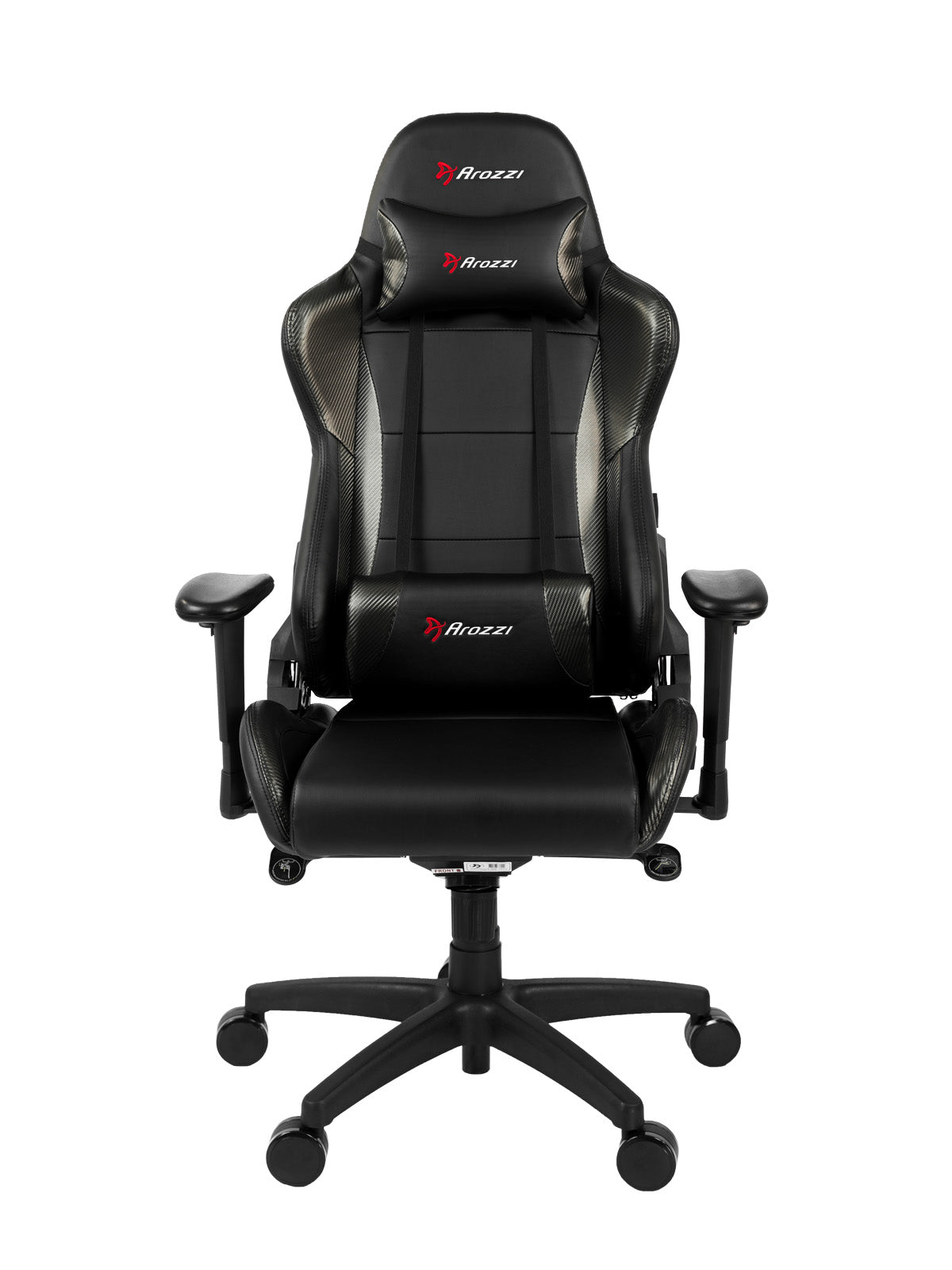 Black ergonomic gaming chair with armrests, high back, and red Arozzi logos on headrest and seat.