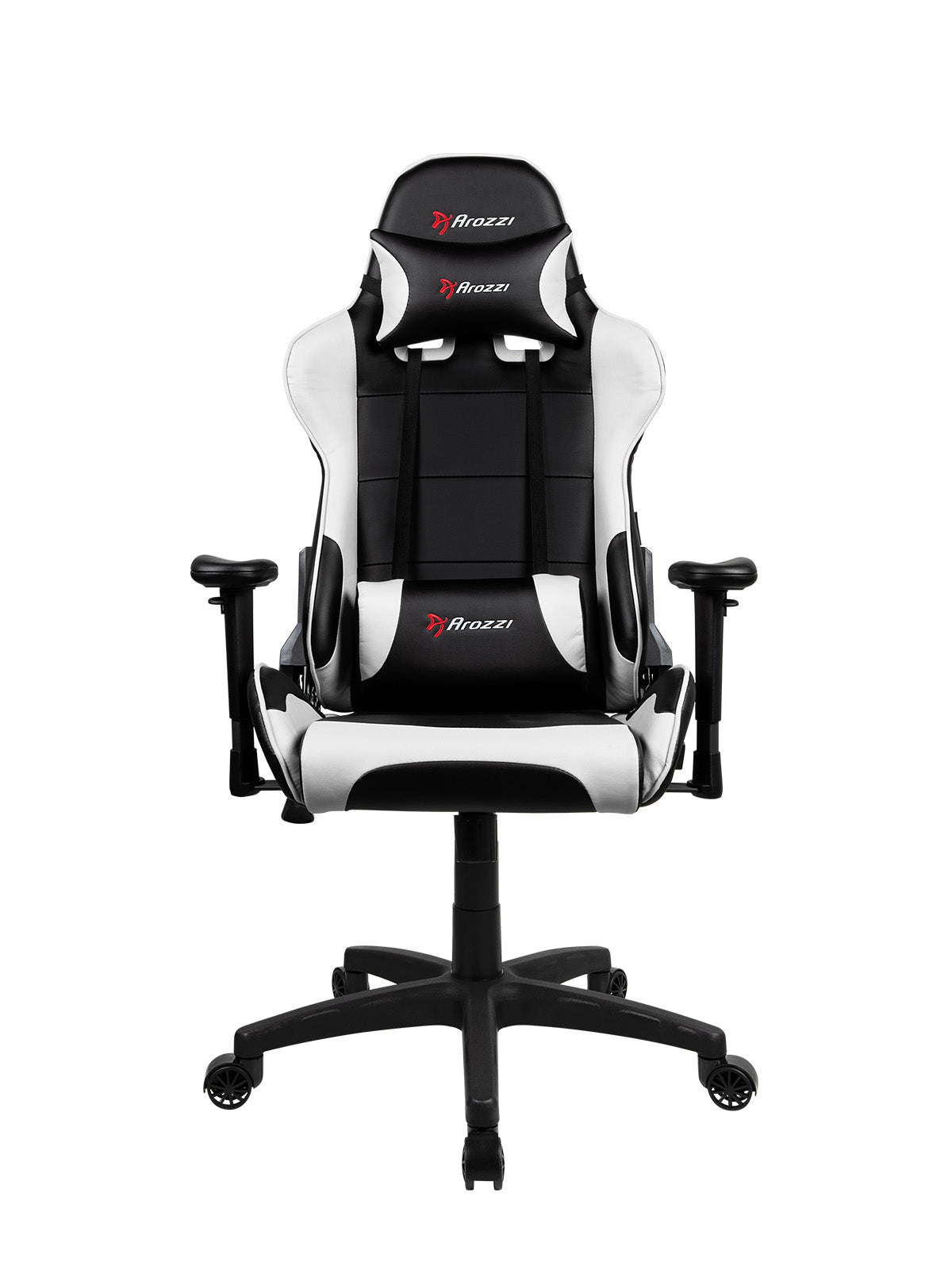 Black and white ergonomic gaming chair with adjustable armrests and caster wheels.